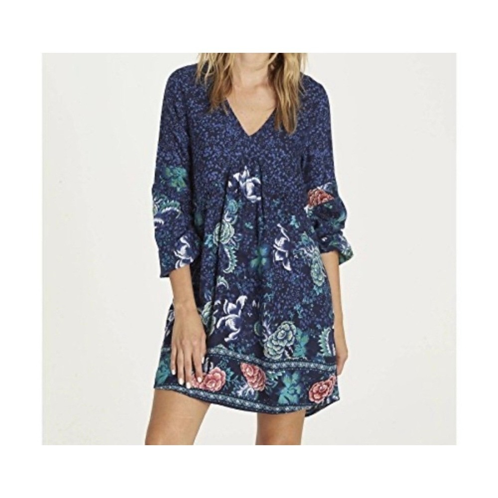 Billabong Floral Babydoll Mini Dress L Blue Boho V-Neck Long Sleeve Rayon New